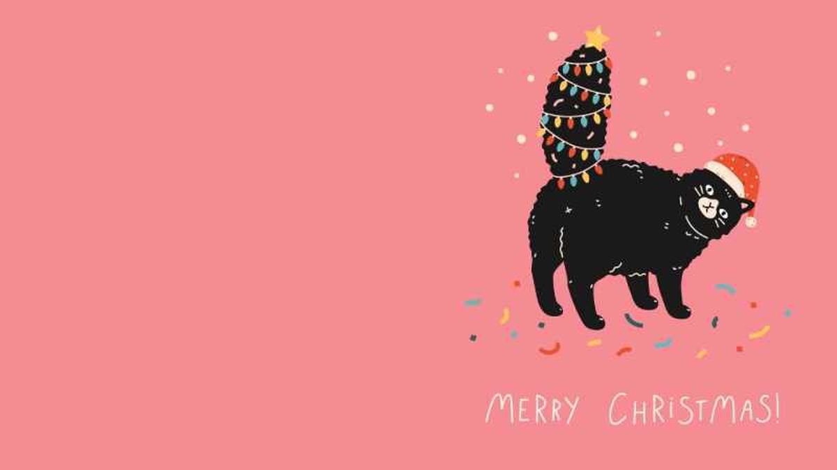 Postal navideña de gato con fondo rosa.