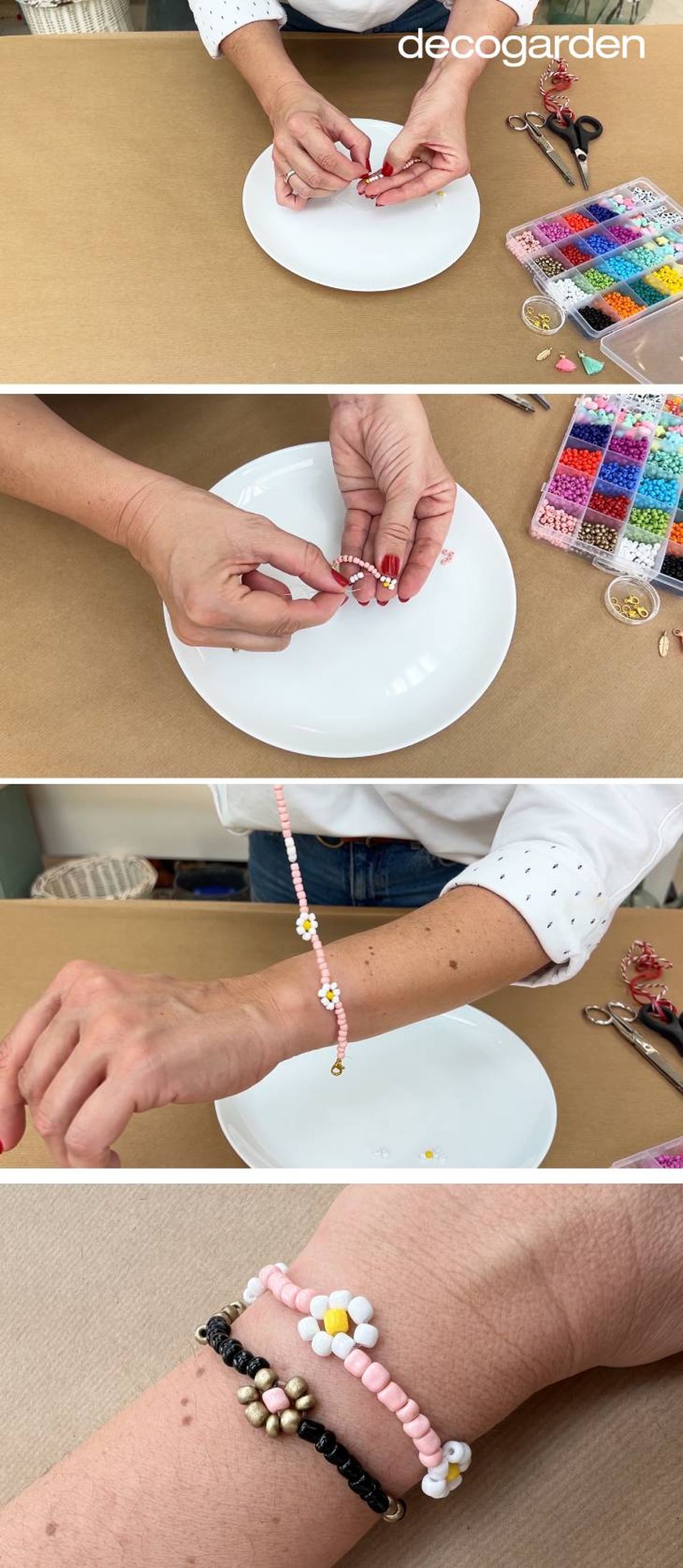 Cómo hacer pulseras de bolitas con flores (pasos 5-8) .