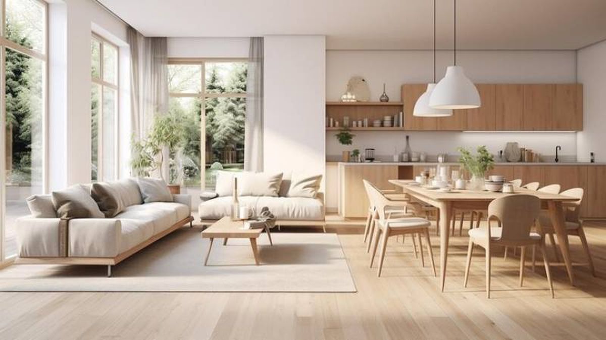 Salón amplio abierto a la cocina, decorado en tonos claros de estilo minimalista.