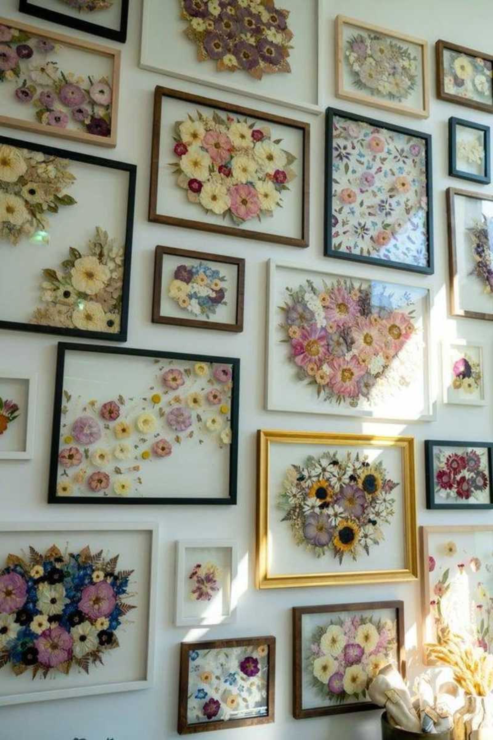 Pared decorada con cuadros de flores secas.