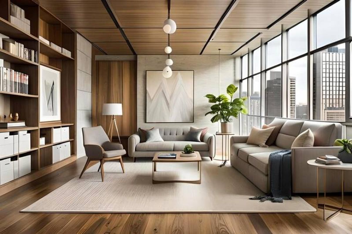 Salón de una casa minimalista decorado con texturas naturales y plantas.