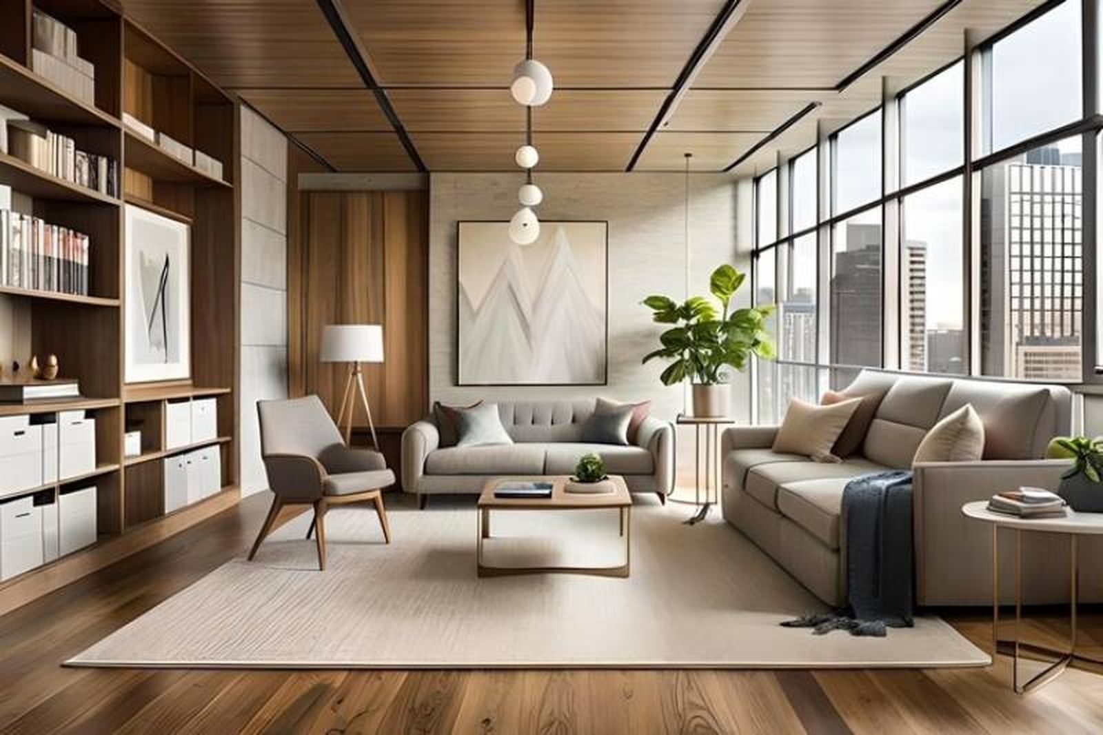 Salón de una casa minimalista decorado con texturas naturales y plantas.