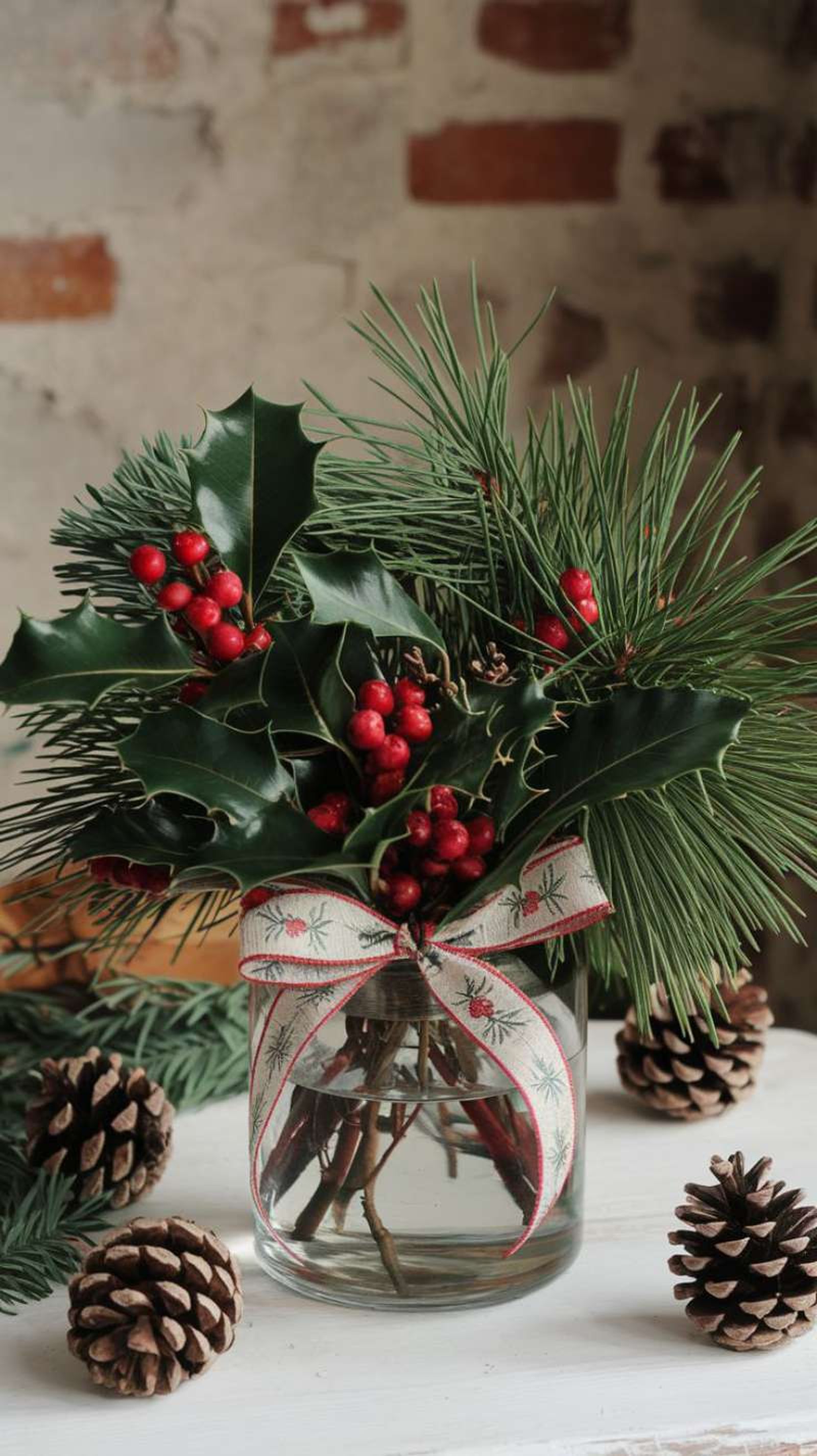 Jarrón navideño decorado con un lazo.