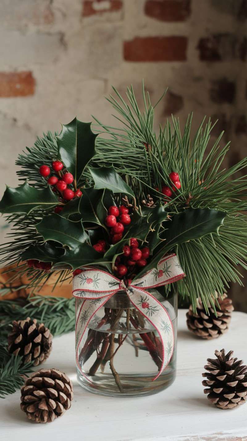 Jarrón navideño decorado con un lazo.