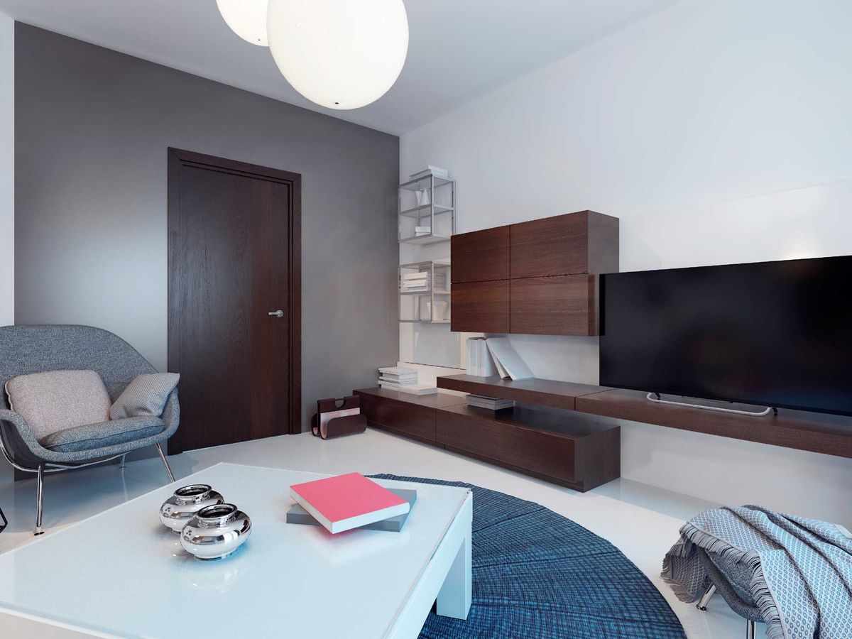 Decoración de salón en azul, gris y marrón 3