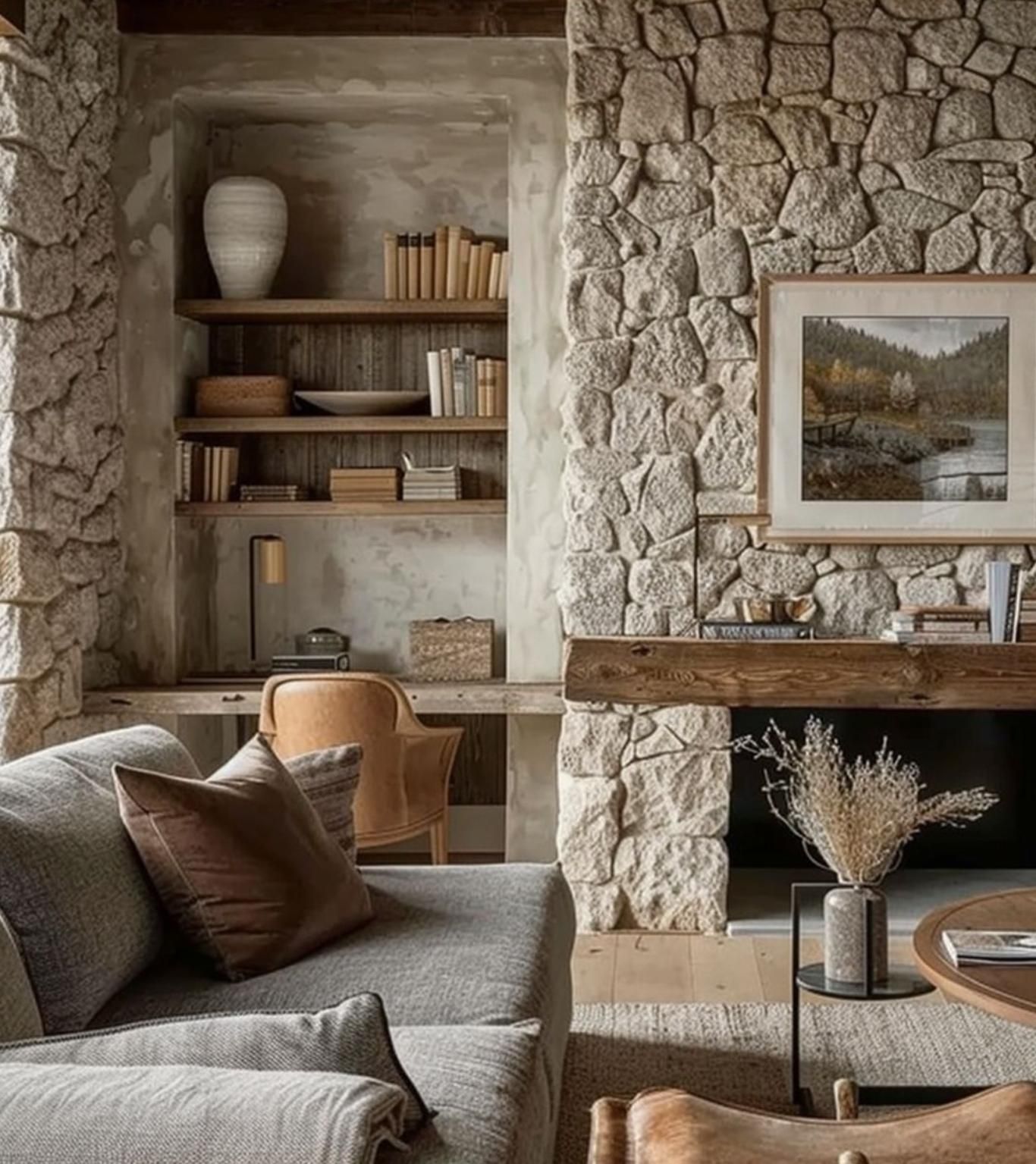 Salón con pared de piedra de estilo cabincore.