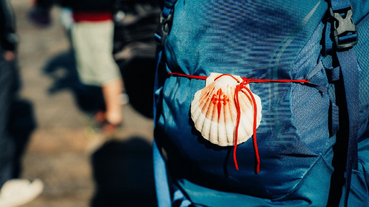 Cruz de Santiago sobre concha de vieira de la mochila de un peregrino