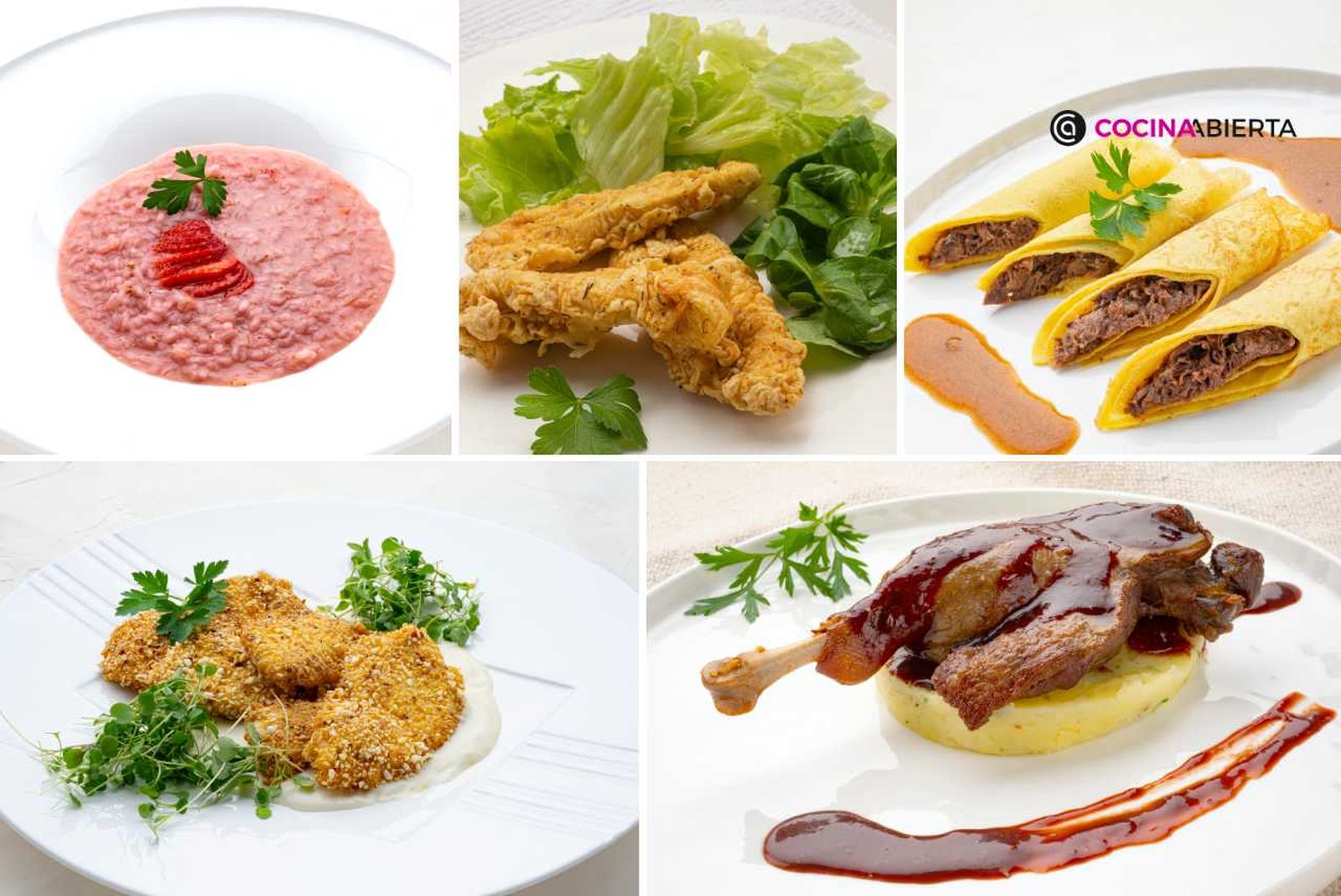 Confit de pato, risotto de fresas y crepes rellenos de rabo son algunas de las recetas