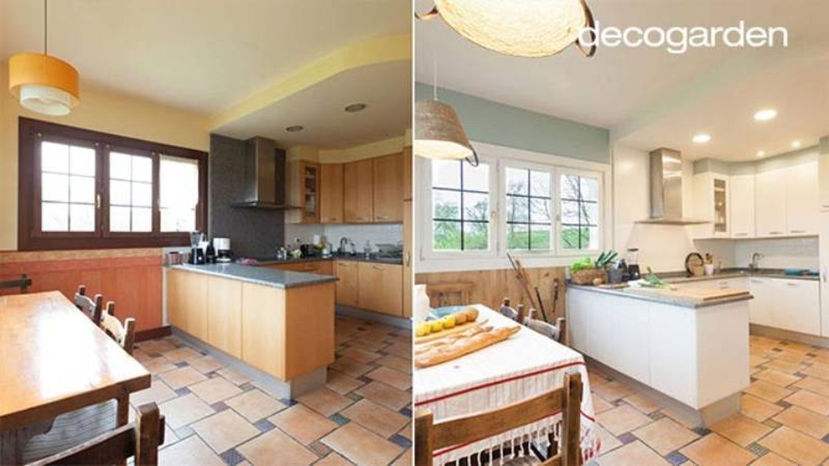 Antes y después de la cocina renovada con muebles pintados.