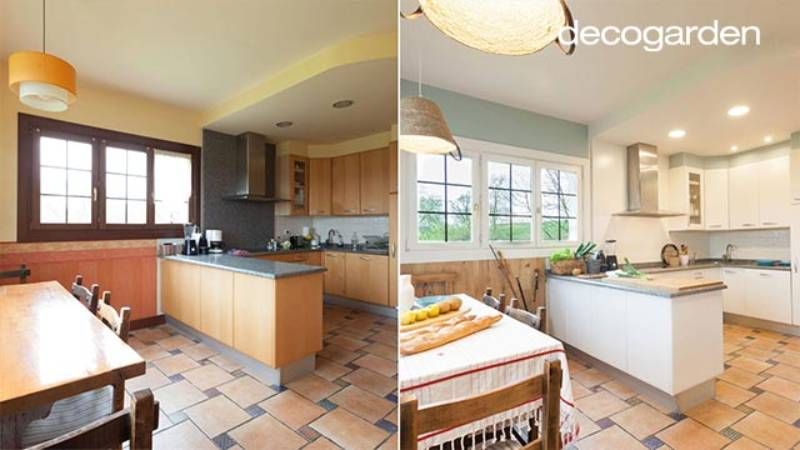 Antes y después de la cocina renovada con muebles pintados.