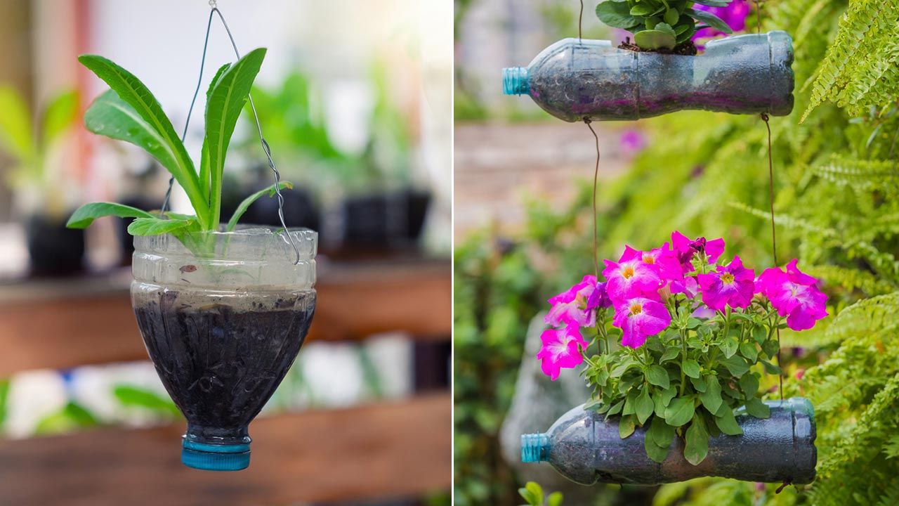 Maceteros colgantes reutilizando botellas de plastico
