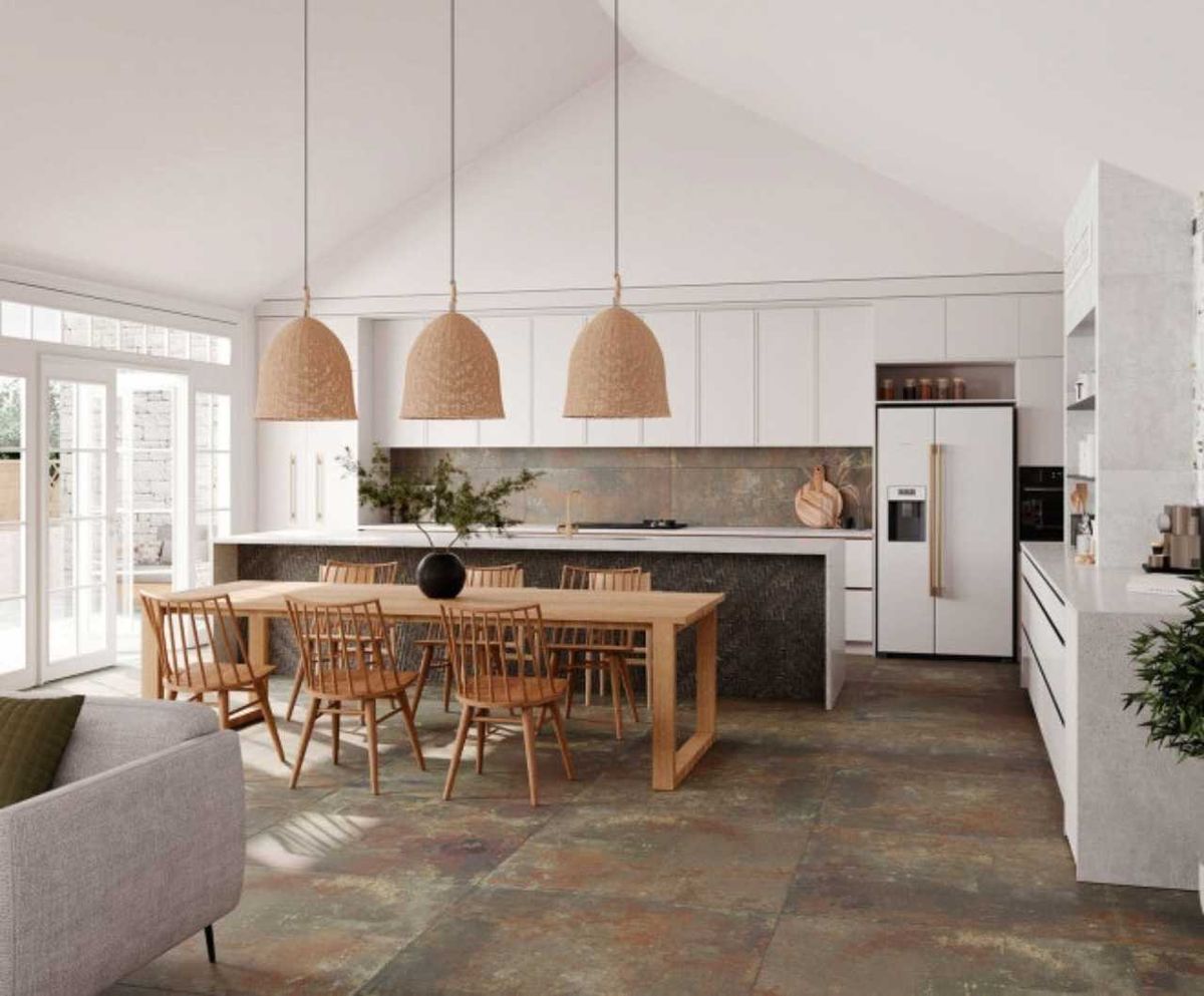 Cocina moderna con suelo natural mate.