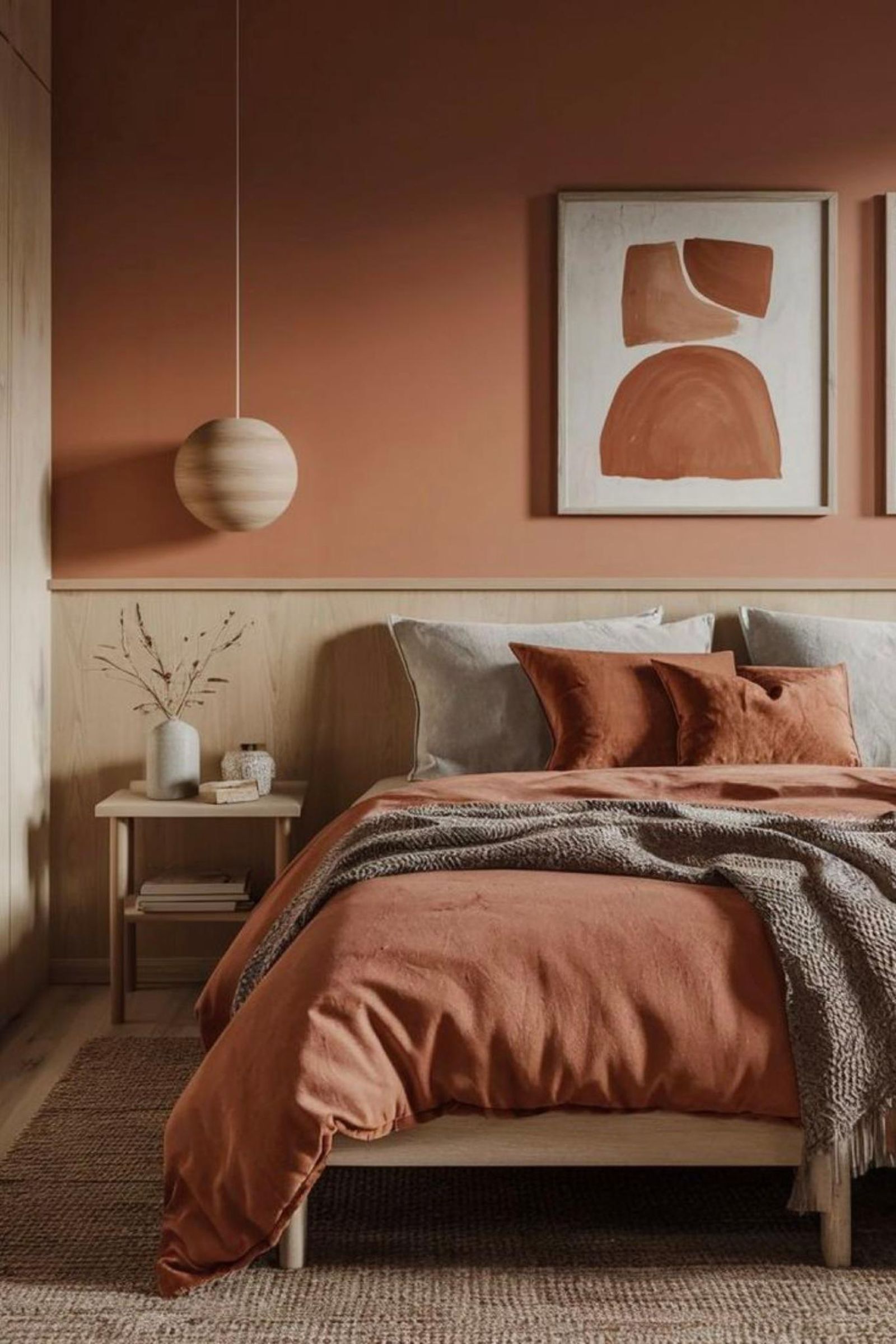 Dormitorio acogedor decorado en marrón y naranja quemado.
