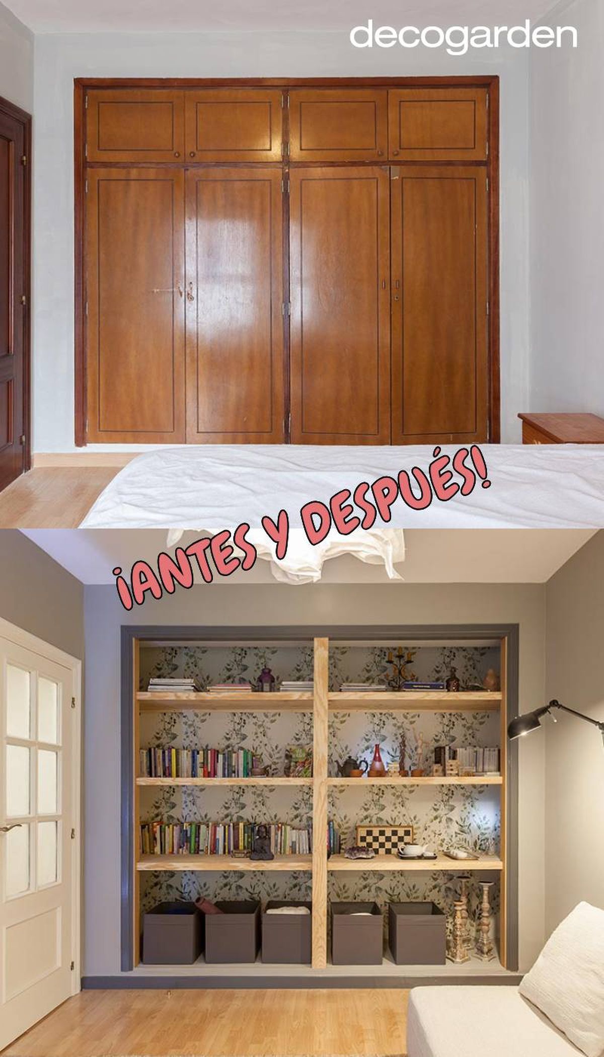 Antes y después de la transformación de armario empotrado a estantería con baldas.