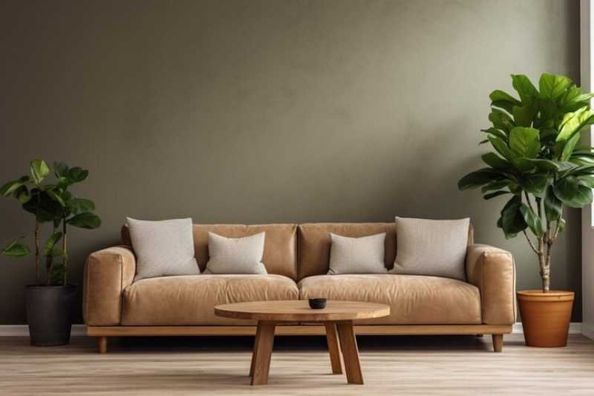 Salón decorado en Mocha Mousse y verde.