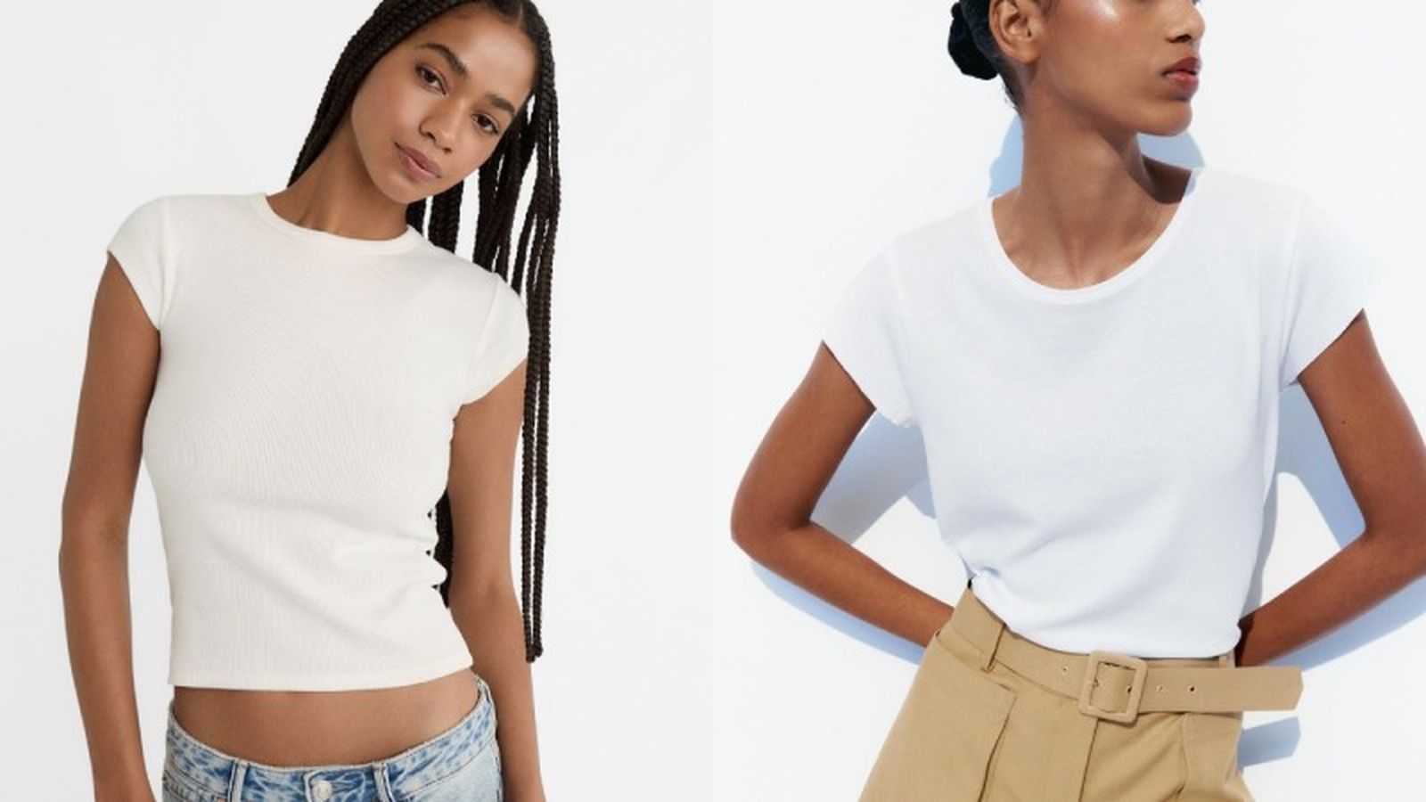 Camiseta básica blanca escote redondo / Fotos: Stradivarius y ZARA