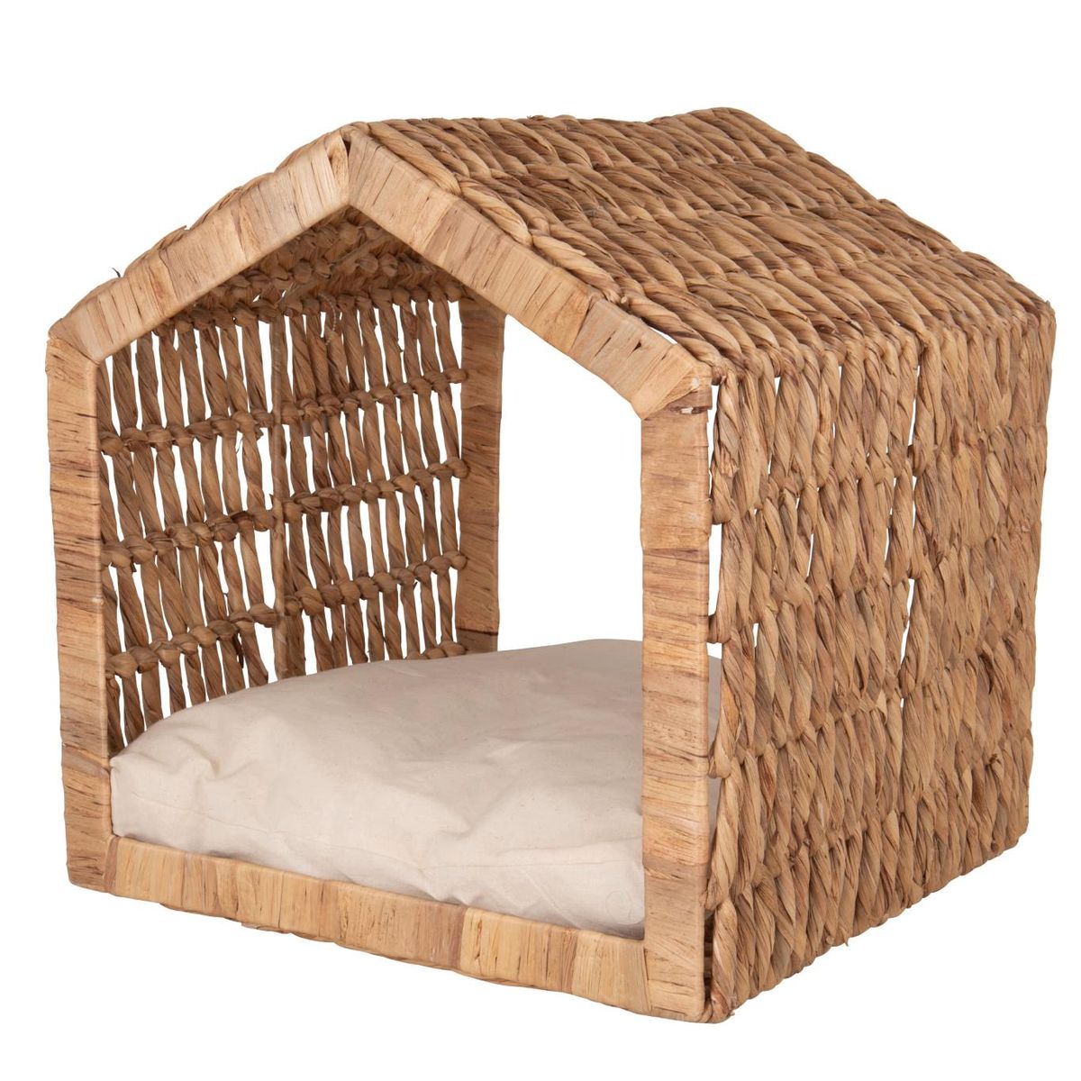 Caja de comida para gatos de cerámica blanca y dorada con tapa de bambú.