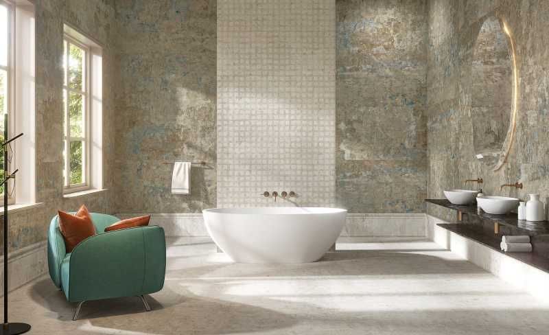 Baño con azulejo de piedra.