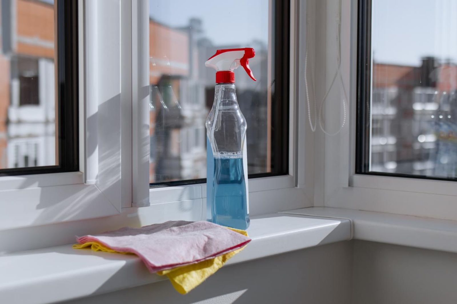 Alféizar con productos de limpieza