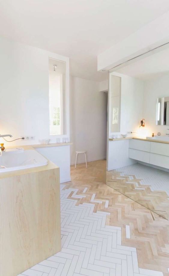 combinar dos suelos diferentes suelo espiga madera blanco bano