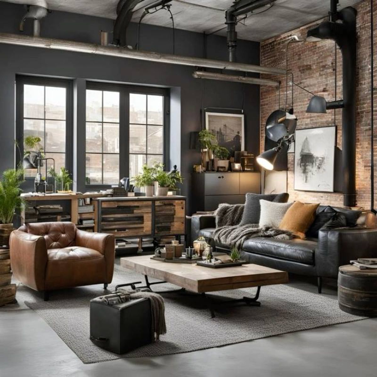 Salón de estilo industrial decorado en tonos oscuros.