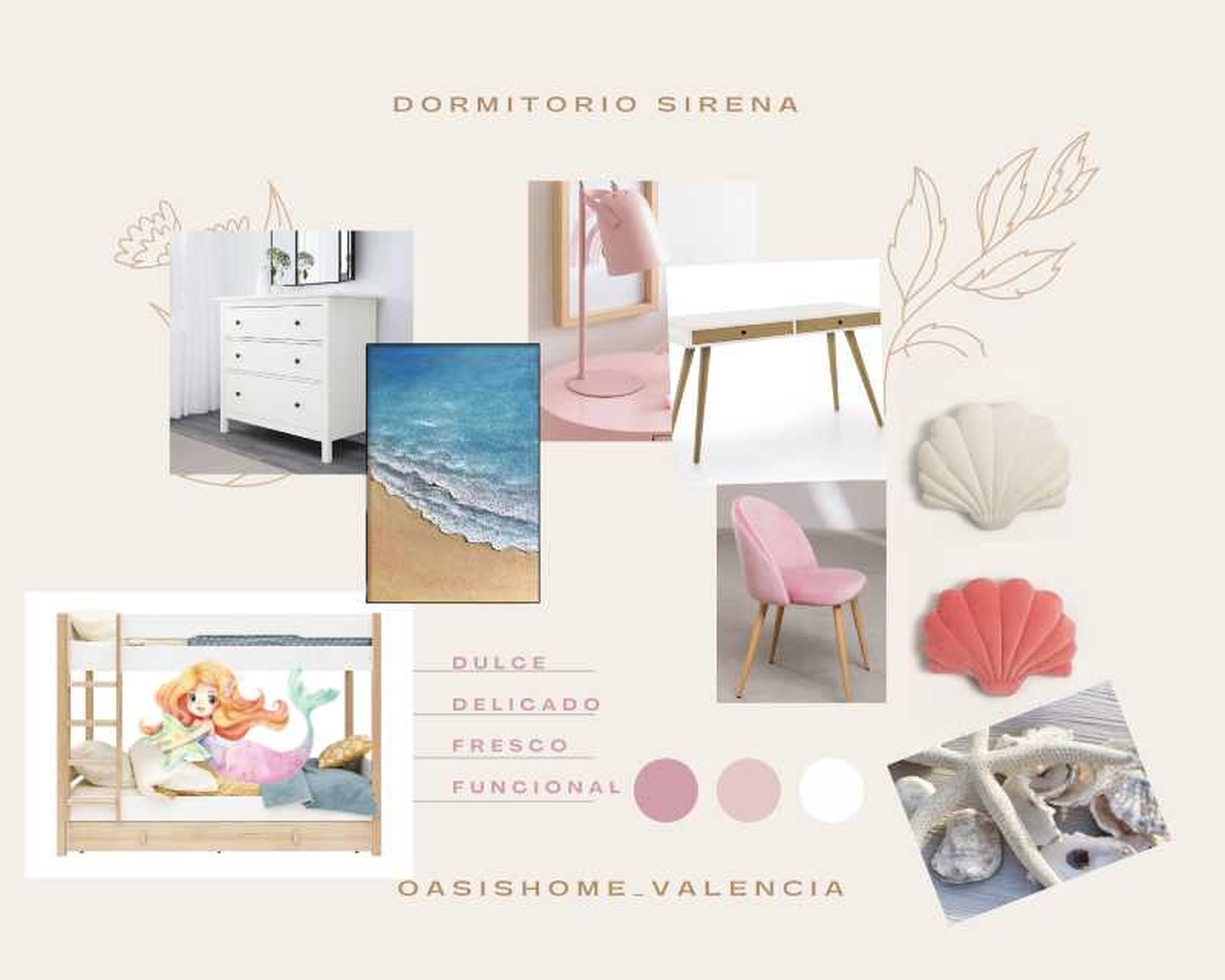 Moodboard de habitación temática infantil de sirenas.