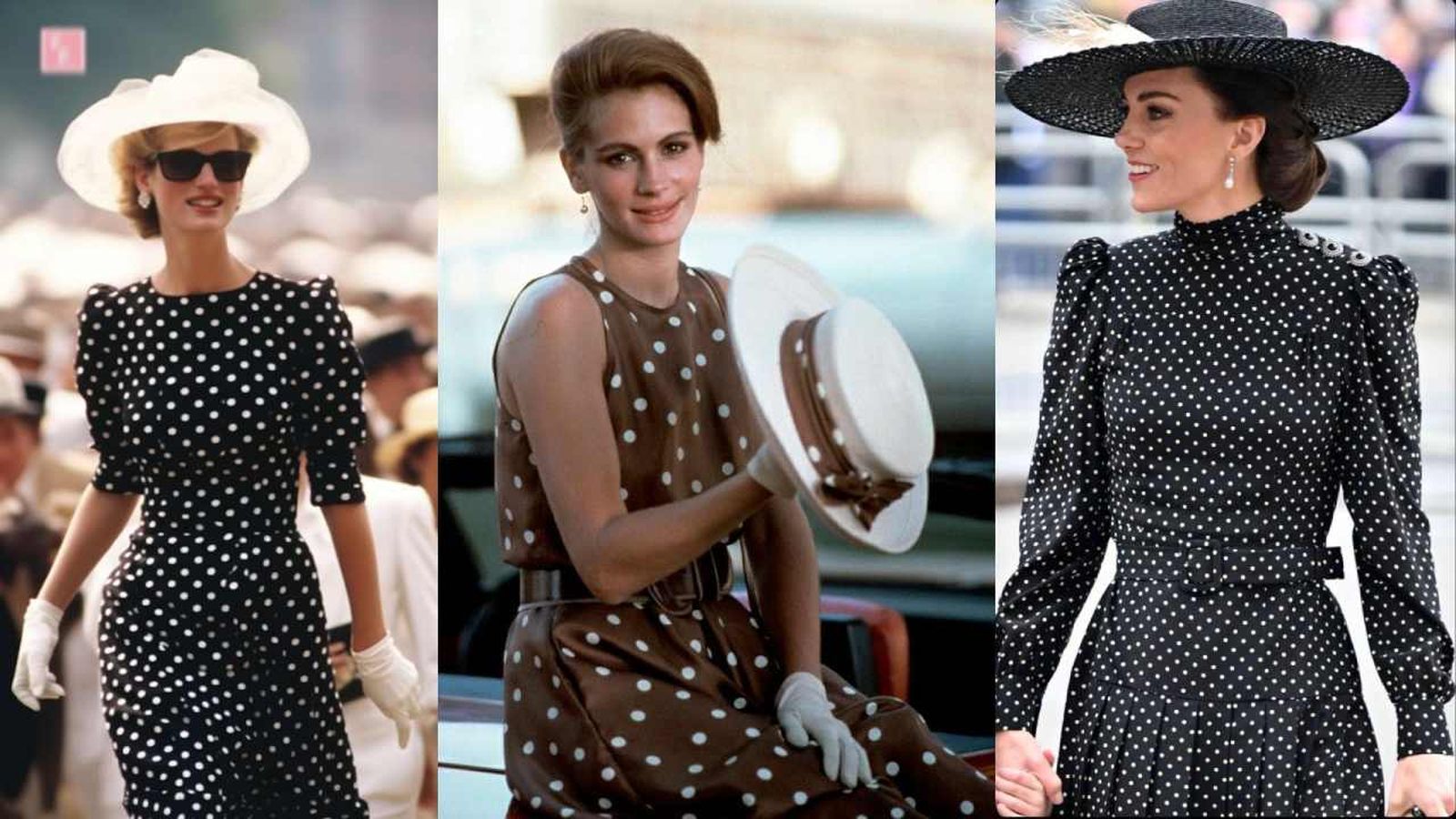 Lady Di, Julia Roberts y Kate Middleton con vestidos de lunares