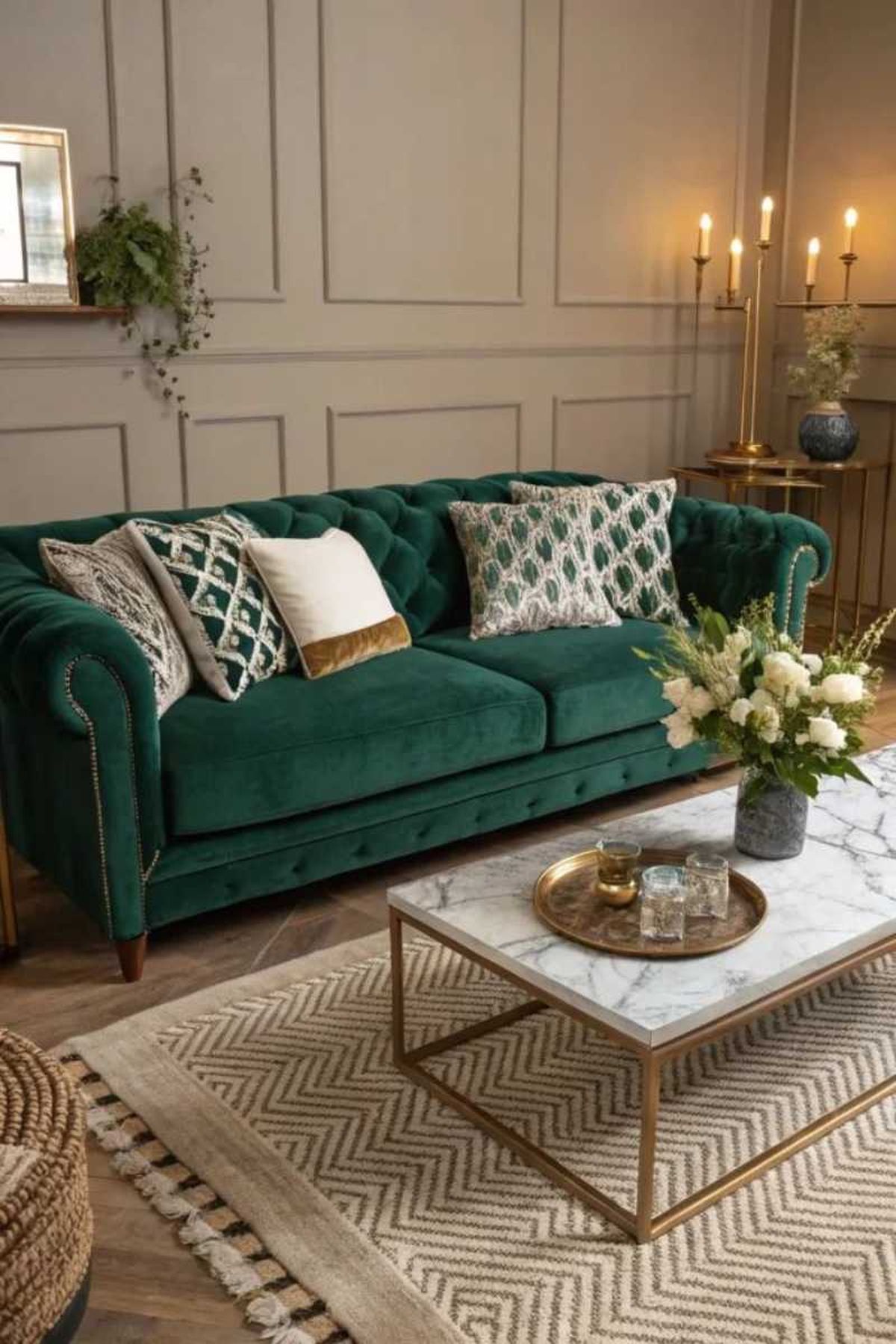 Salón elegante retro glam con sofá verde esmeralda.