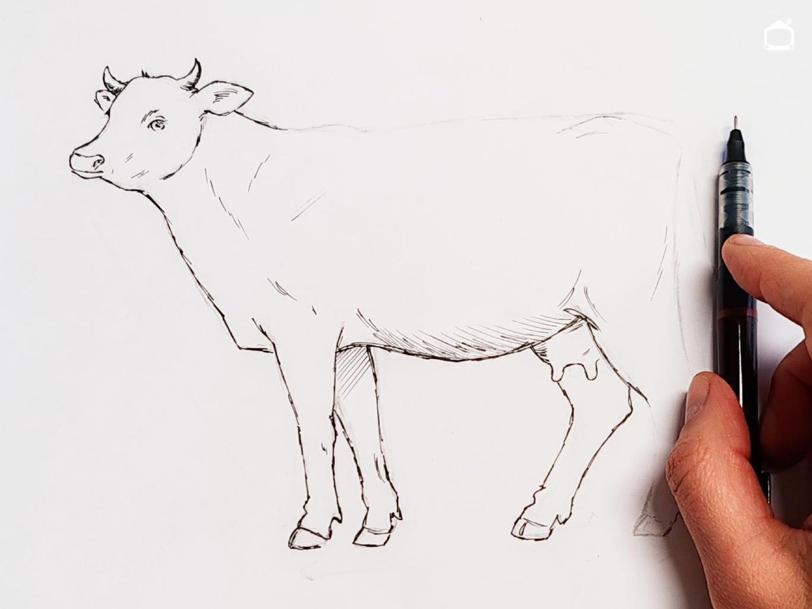 Dibujo de una vaca realista a bolígrafo negro.