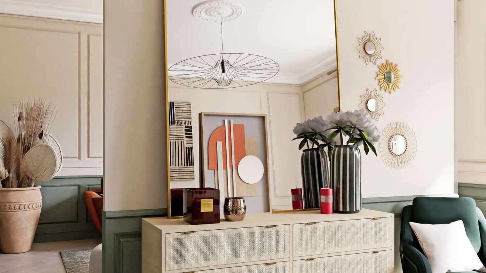 Recibidor con cómoda y espejos feng shui.