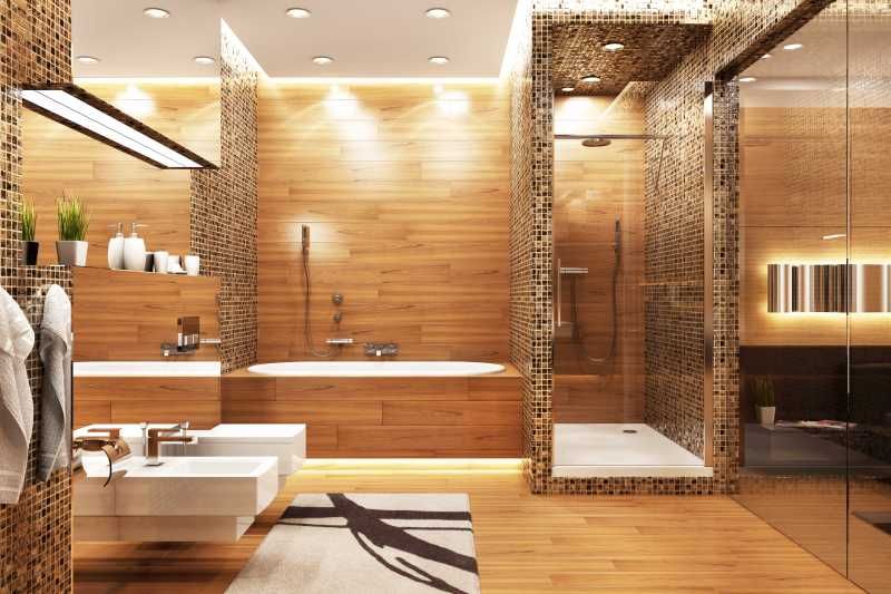 Baño lujoso con revestimiento de madera.