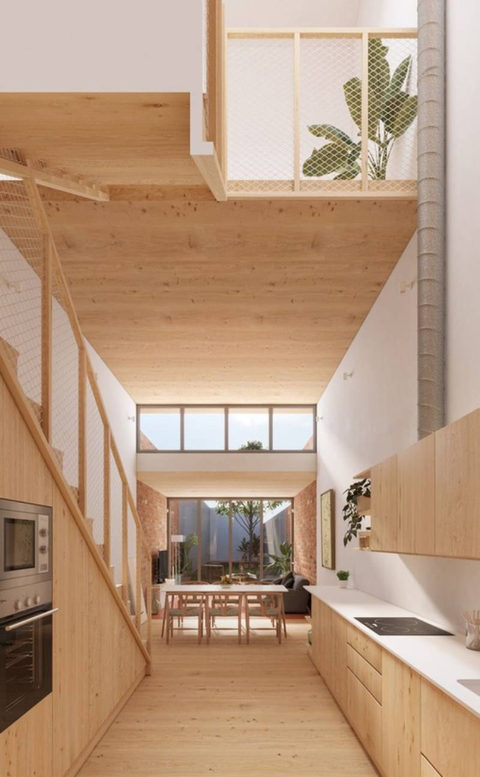 Casa entre medianeras decorada en madera.