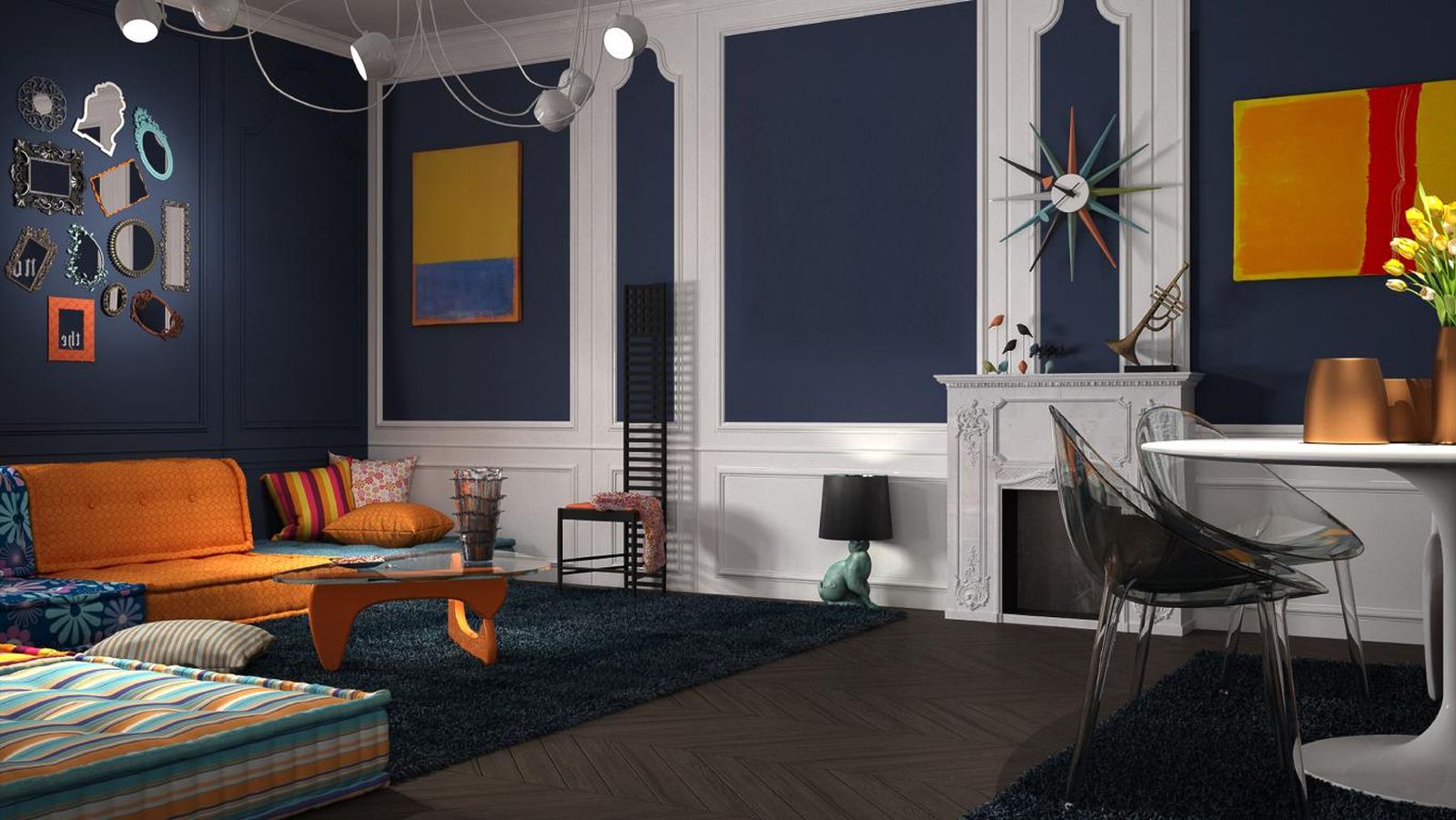 Salón ecléctico y colorido con mezcla de estilos.