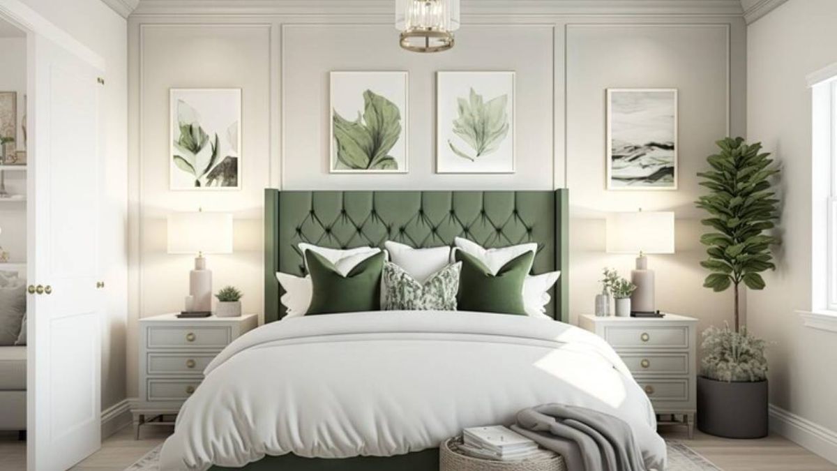 Dormitorio en color verde con cuadros alrededor del cabecero de cama.