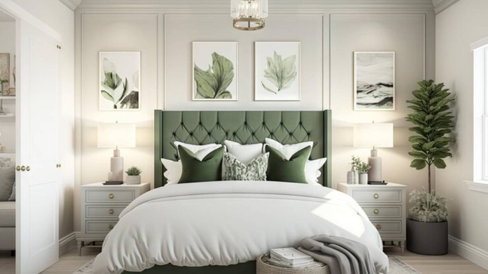 Dormitorio en color verde con cuadros alrededor del cabecero de cama.