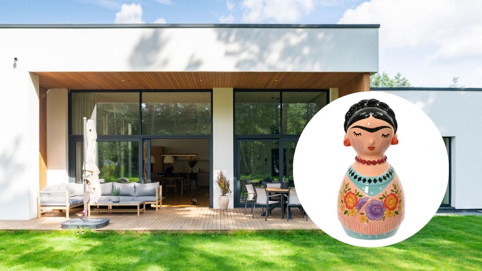 Jardín elegante con figura decorativa de Frida Kahlo.