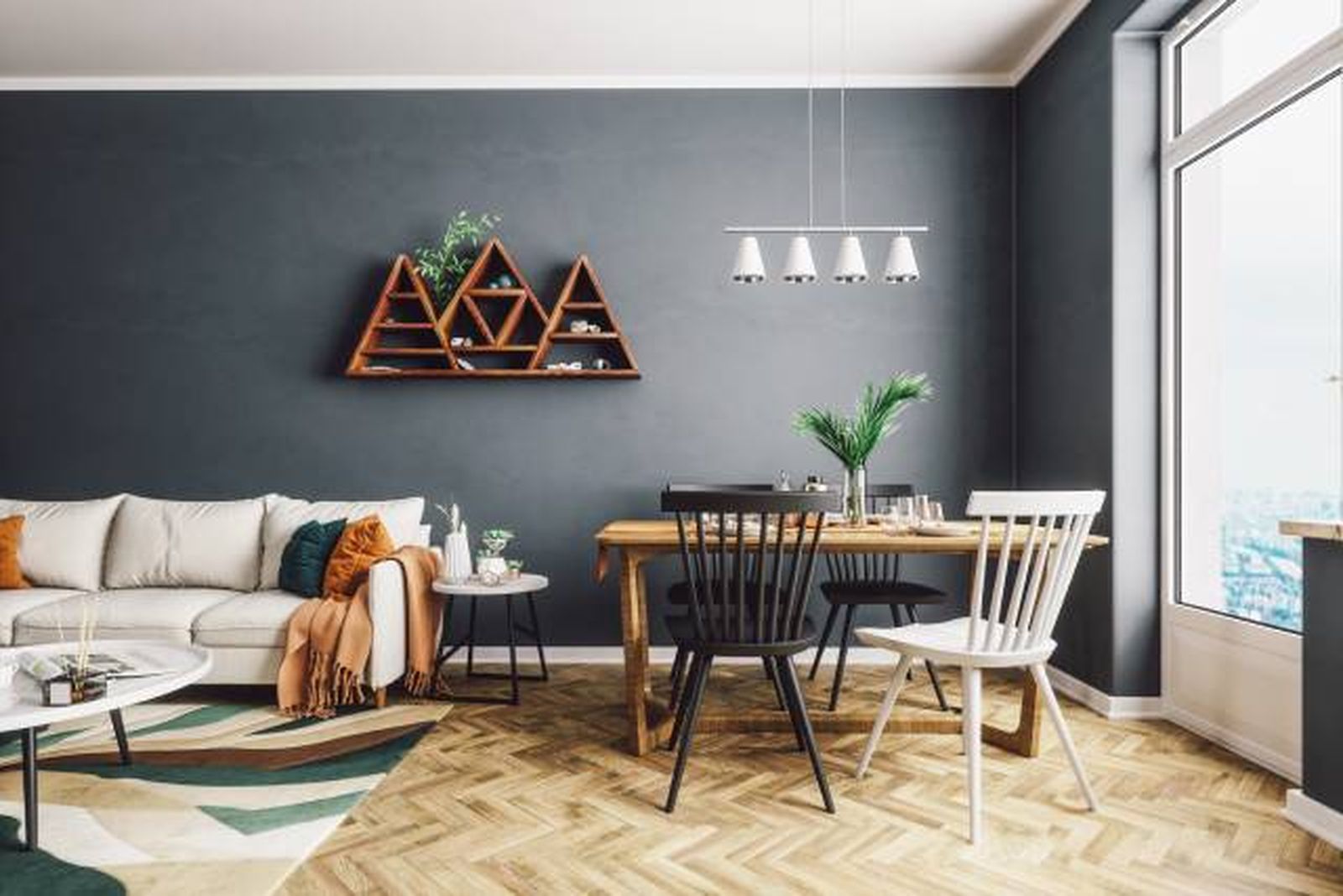 salon comedor pared gris antracita