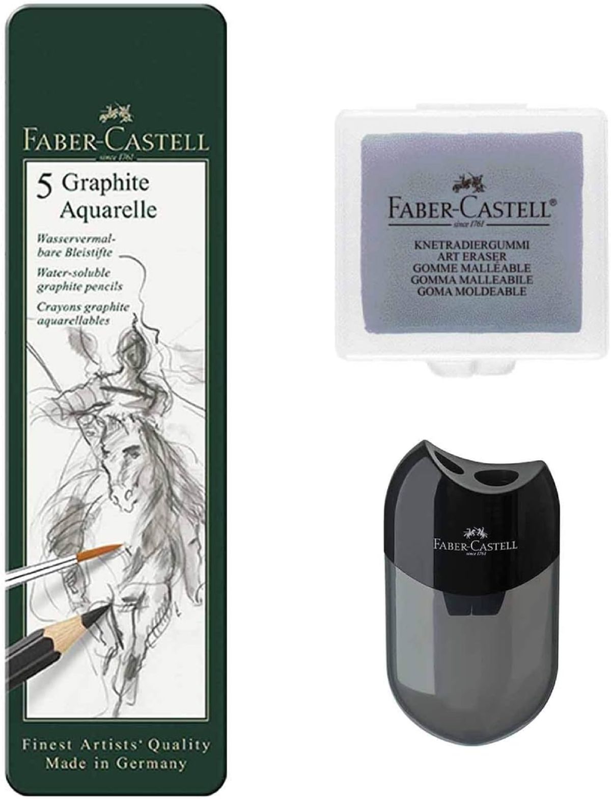 Pack de lápices de grafito acuarelables, goma de pan y sacapuntas de Faber-Castell.