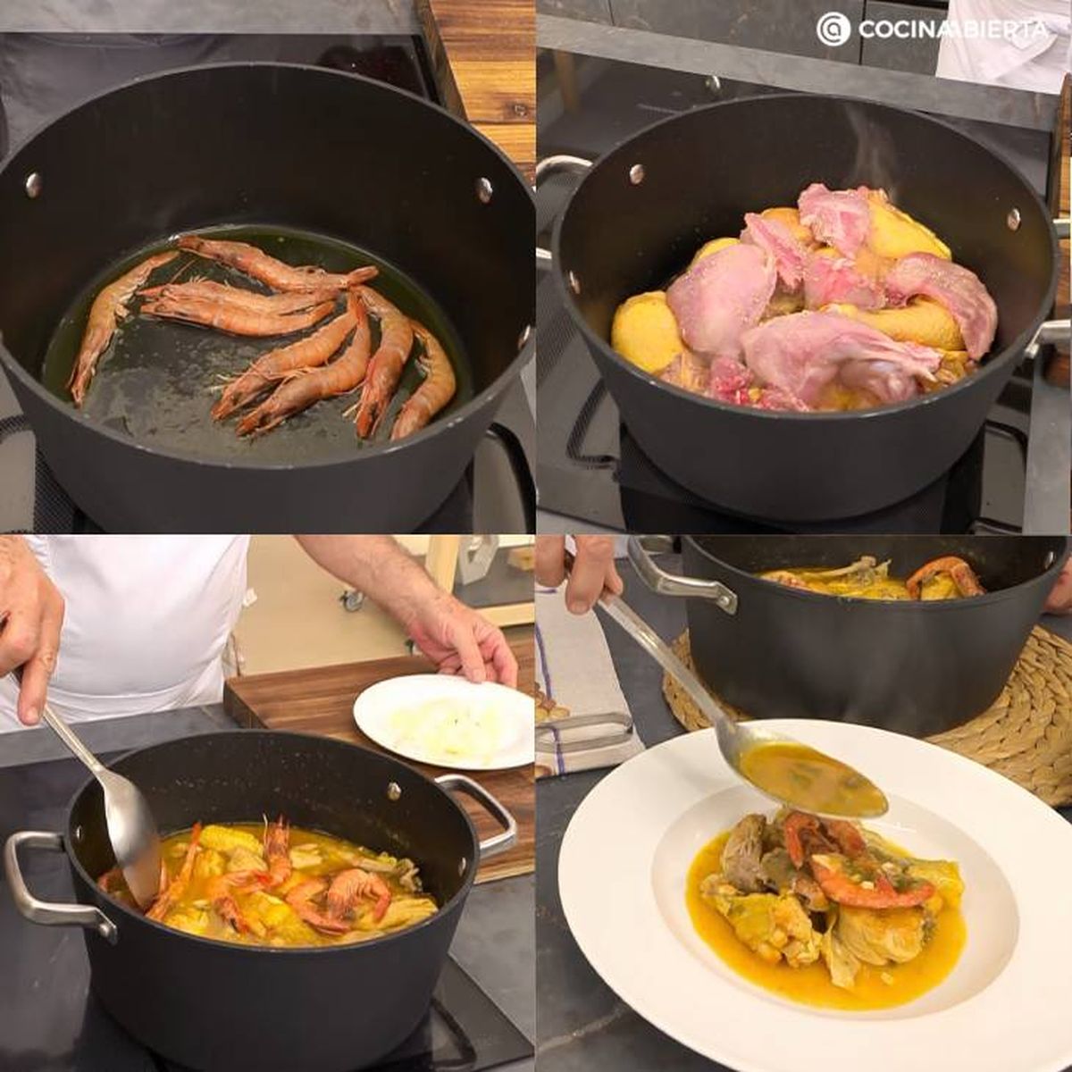 Paso a paso para hacer un guiso de pollo y conejo con gambas
