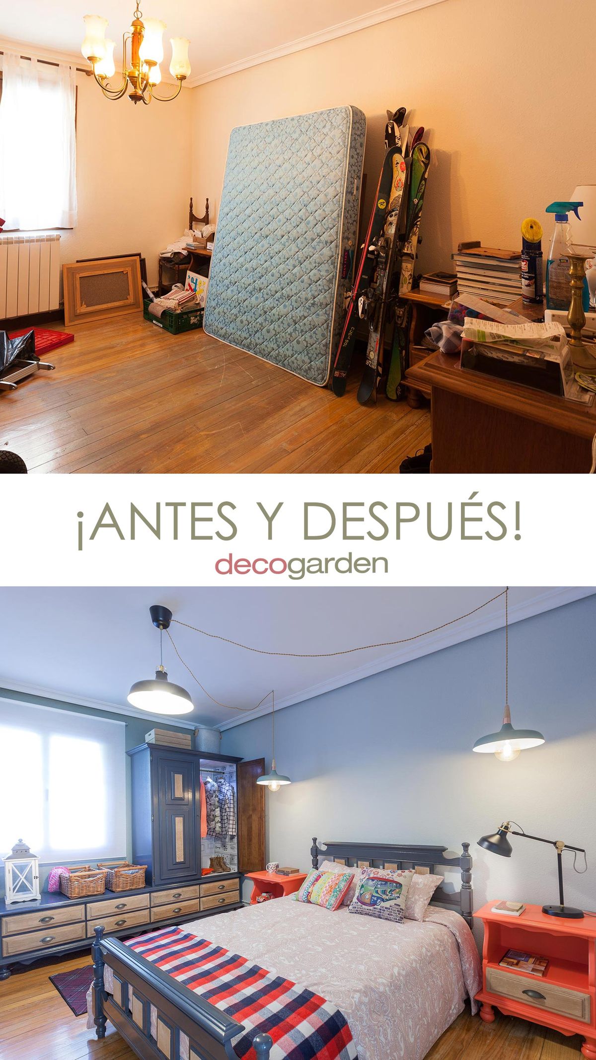 DEKO0710 Dormitorio juvenil industrial con muebles reciclados antes despues