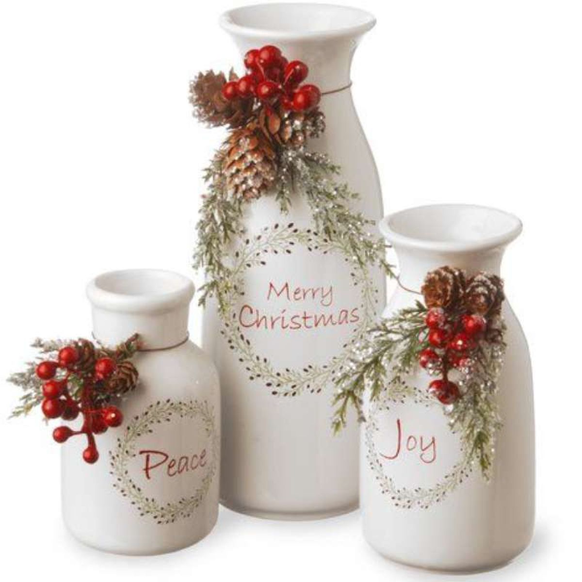 Jarrones de Navidad pintados de blanco, con mensaje navideño y decoración.