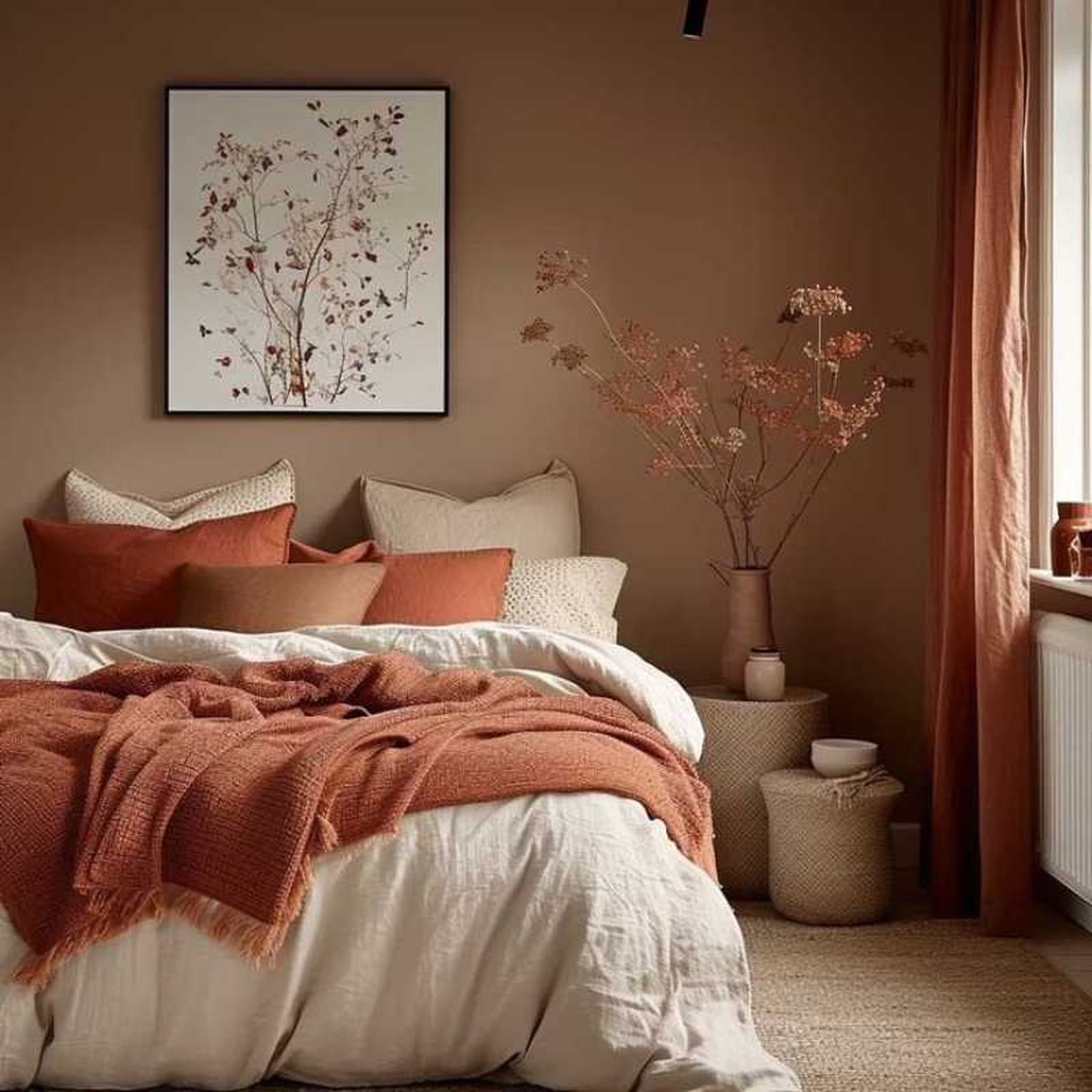 Dormitorio decorado en Mocha Mousse, blanco y teja.