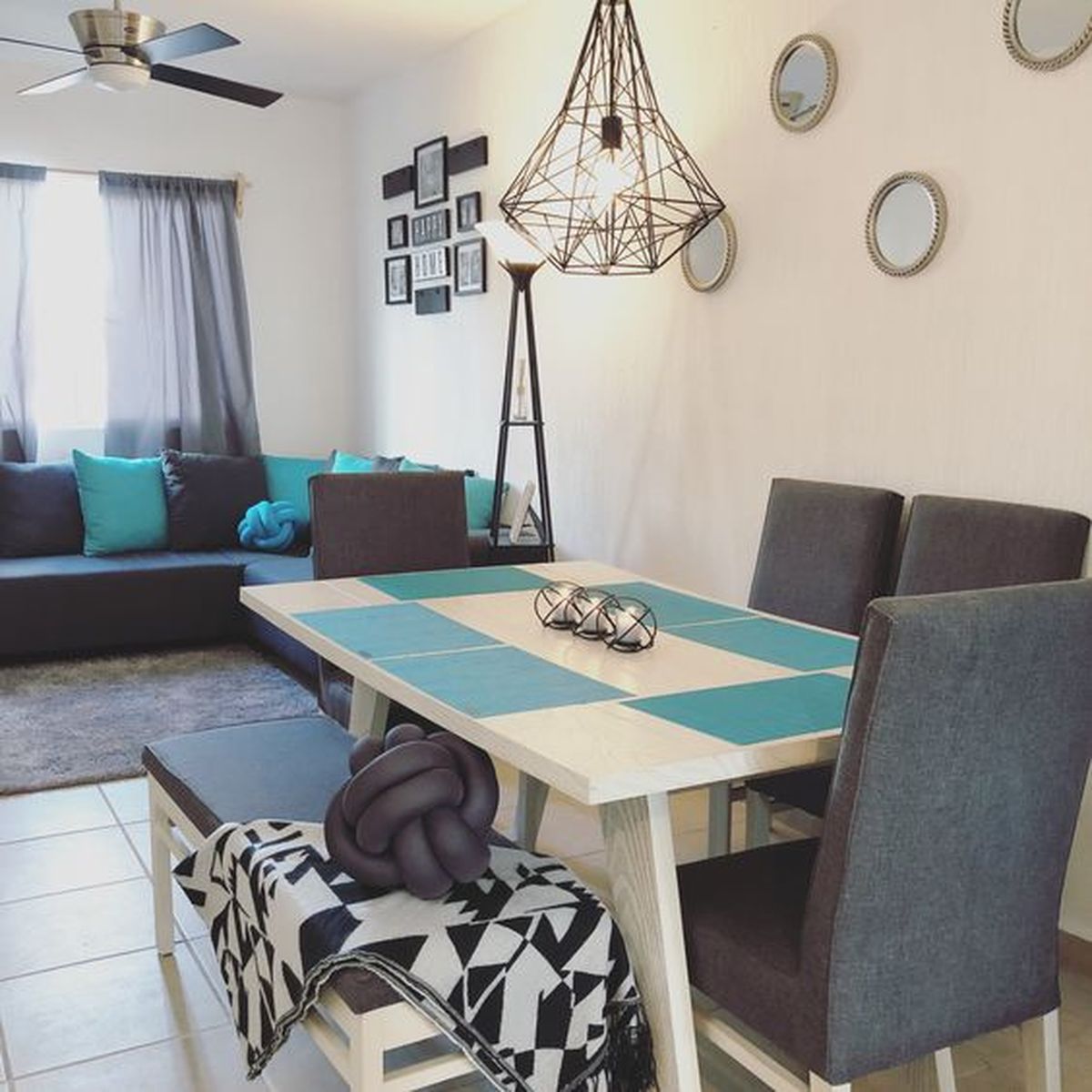 salon comedor en gris marengo y turquesa