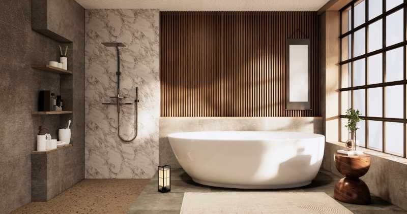 Baño de estilo japonés con paredes de mármol.