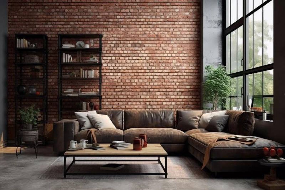 Salón industrial con estanterías.