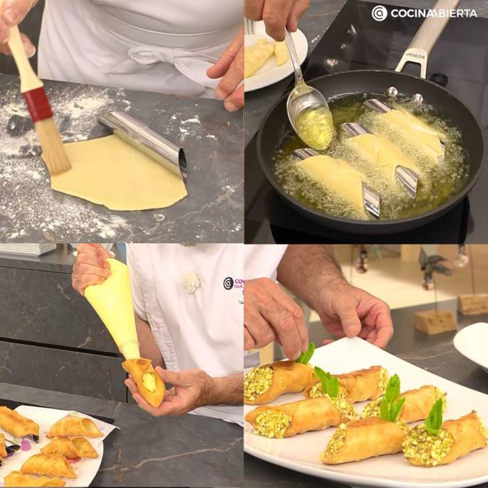 Paso a paso para hacer canutillos fritos con crema y pistachos de Karlos Arguiñano
