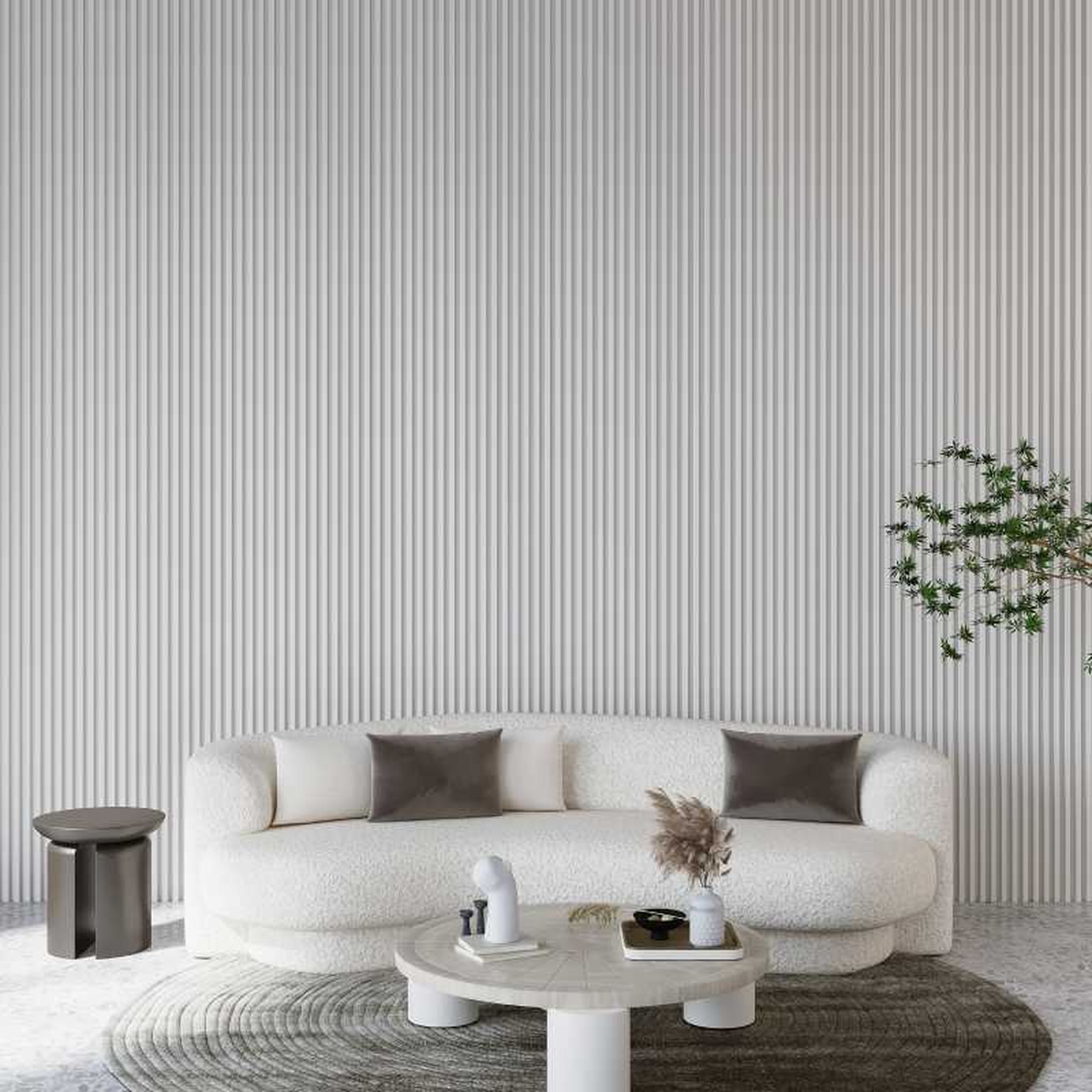 Salón con decoración moderna en tonos blancos