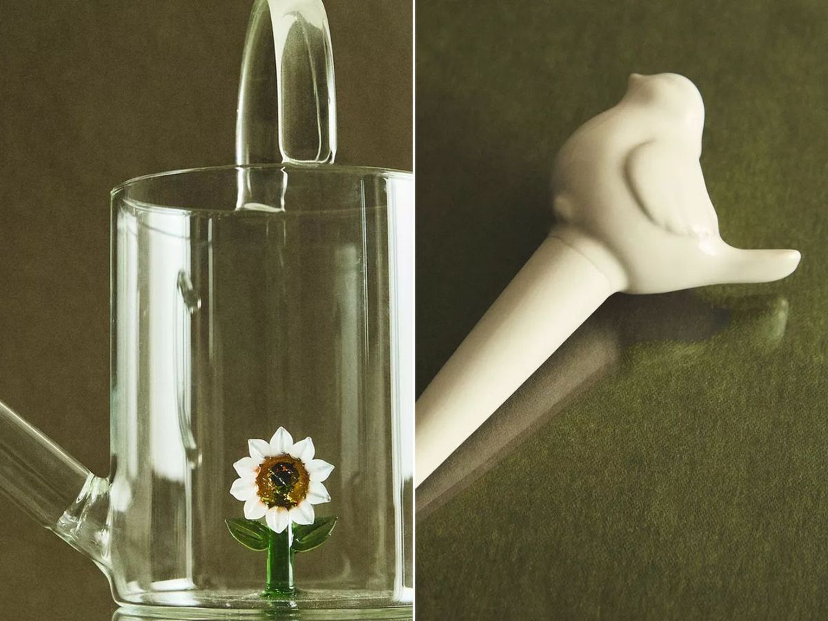 De izq. a drch: Regadera de borosilicato con girasol y Burbuja de autorriego de cerámica con pájaro.