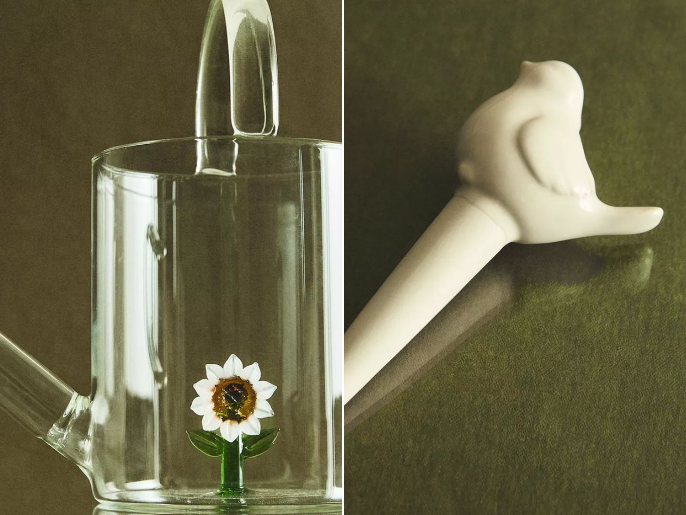 De izq. a drch: Regadera de borosilicato con girasol y Burbuja de autorriego de cerámica con pájaro.