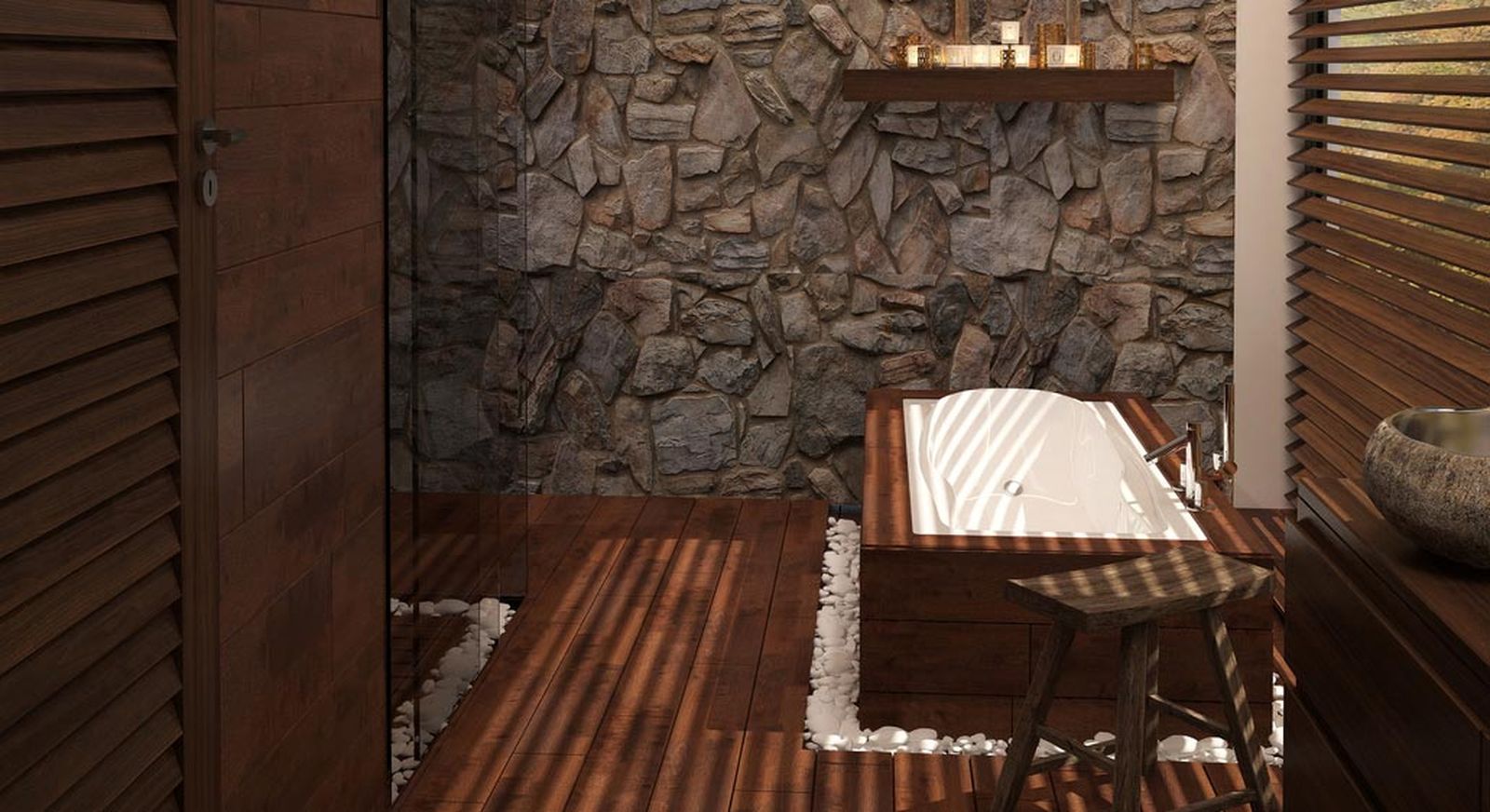 Madera y piedra para decorar el baño